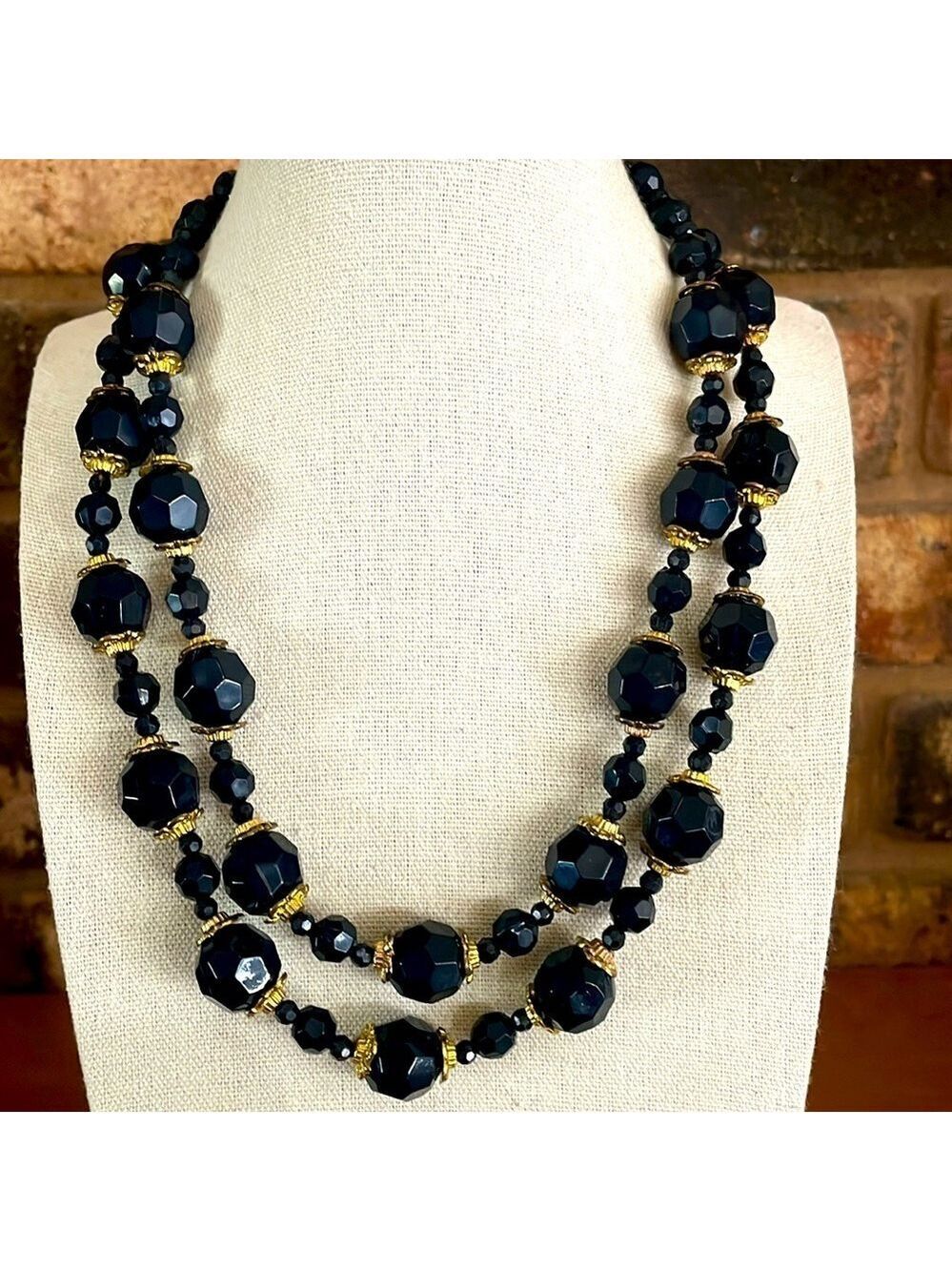 Vintage Navy and Gold tone capped Beaded doublele strand Necklace